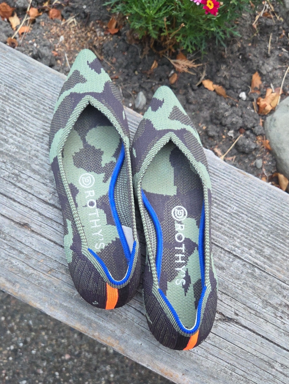 Rothy's Green Camo Pointed Knit Flats with Orange Heel Accent